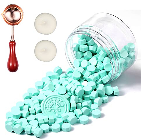 Comealltime 248 Stück Siegelwachs Set, Makaron Farbe Achteckige Siegelwachsperlen mit 2 Teelichtern & 1 Schmelzlöffel, Siegellack für Wachssiegel Stempel-Minzgrün
