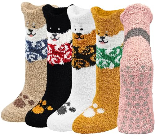 ZFSOCK Calze Morbidi Invernali Donna: Calzini Pile da Casa Termiche Antiscivolo Calde Soffici Calze Pelosi Dormire Divertenti Fantasia Modello Animale Regalo Natale Capodanno Gane 5 Paia Taglia 35-41