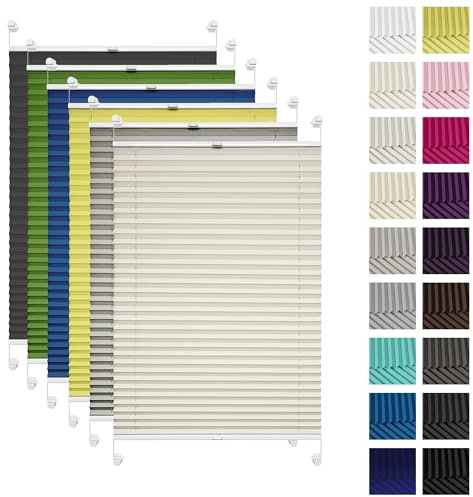 Rettika Plissee ohne Bohren nach maß, Plissee klemmfix, 23 Farben, Breite, 30-129 cm, Höhe 150-230 cm, 4 Profilfarben, Fensterrollo Sonnenschutz, Plisseerollo innen, Rollo für Fenster ohne Bohren