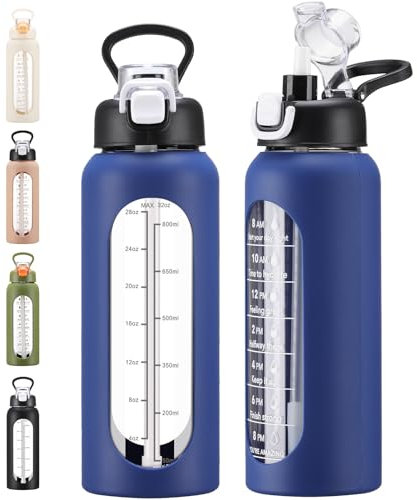chunmo 32 oz Glass Water Bolttles with Straw Large Motivational Water Bottle with Time Marker Sports Water Bottles with Silicone Sleeve and Handle Lid Water Jug for Gym Workout