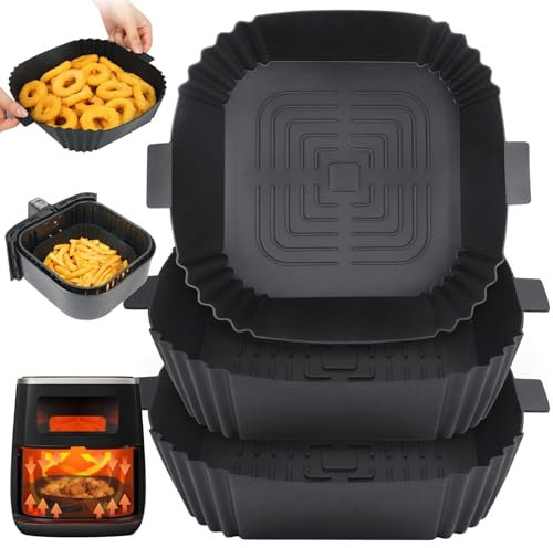 BYKITCHEN 3 Pack Air fryer Liners Silicone, Square Air Fryer Liners for Ninja MAX PRO 6.2L/Ninja Pro 4.7L, Air Fryer Accessories for COSORI 3.8L/4.7L/5.5L, Instant 3.8L, Tefal 4.2L/5L Airfryer (Black)