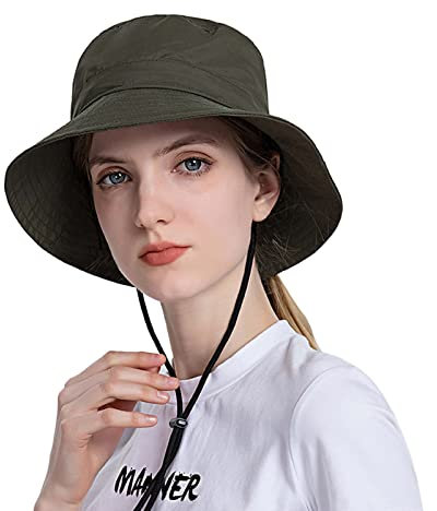 Fischerhut, einfarbig, schlicht, für Damen und Herren, Sonnenhut, breite Krempe, Strandhut, verstellbar, Sommer, atmungsaktiv, exquisiter Sommerhut mit Schnur, armee-grün, Einheitsgröße