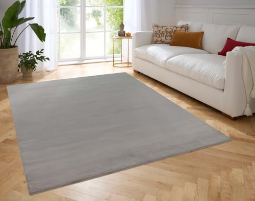 Taracarpet Fellteppich Kunstfell Teppich Waschbar, Hasenfell Imitat, Kaninchenfell, Kurzfell | Flauschiger Teppich Wohnzimmer, Bettvorleger Schlafzimmer, Teppich Fell grau 060x090 cm