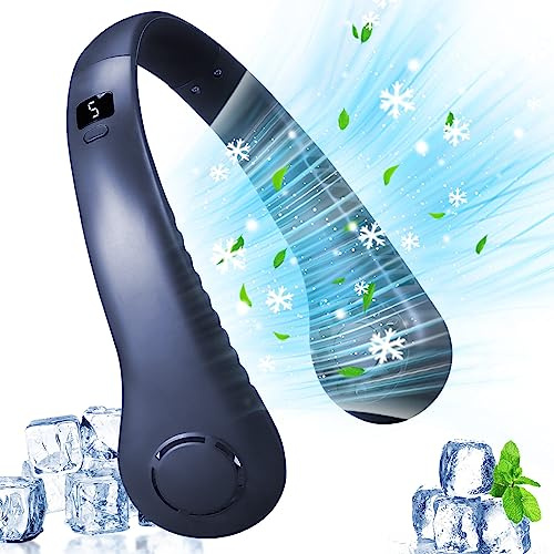 GOXAEEE Tragbarer Mini Hals Ventilator mit,5 Geschwindigkeiten, USB nackenventilator mit 360° Luftstrom,Ventilator Hals Hängend,Blattlos Nackenventilator für Reisen, Sport,Camping (blue)