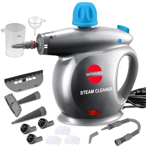 Outspurge - Handheld Steam Cleaner with 11 Attachments, Safety Lock, Steamer for Cleaning Floors, Upholstery, Grout, Windows, Sofa and Car, Gray