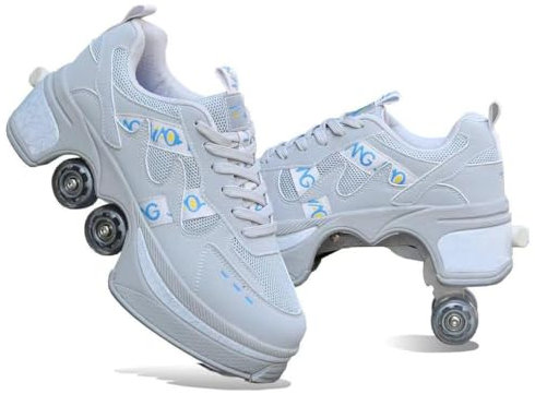 Roller skridskor rullskridskor skor med hjul skateboardskor, inline-skridskor, justerbara damskor med hjul för flickor, löpning skateboard, inline-rullskor, grå – 34 EU (inseam: 220 mm)