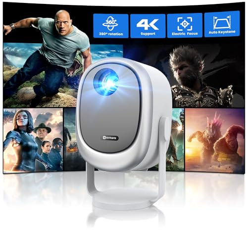 Mini Proiettore Portatile, Base Ruotabile 360° Flip, Portatile Videoproiettore Wifi Bluetooth, Home Theater Videoproiettore HD 1080P Supporto, E-Focus/Auto Keystone, Macchina Ottica Chiusa Antipolvere