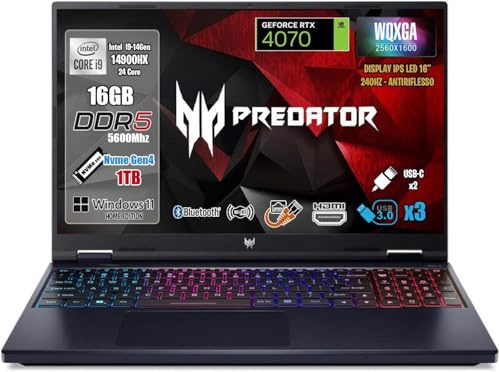 Acer Notebook Gaming Predator Helios Neo 16, Processore Intel Core i9-14900HX, RAM 16 GB DDR5, SSD 1TB PCI,Display 16 WQXGA IPS 240Hz, NVIDIA GeForce RTX 4070 8GB GDDR6, Sistema Operativo Windows 11