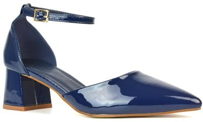 Women's Ankle Strap Court Shoes Ladies 2 Piece Point Toe Block Navy Patent Low Heel Classic Party Pumps Shoes Size 7