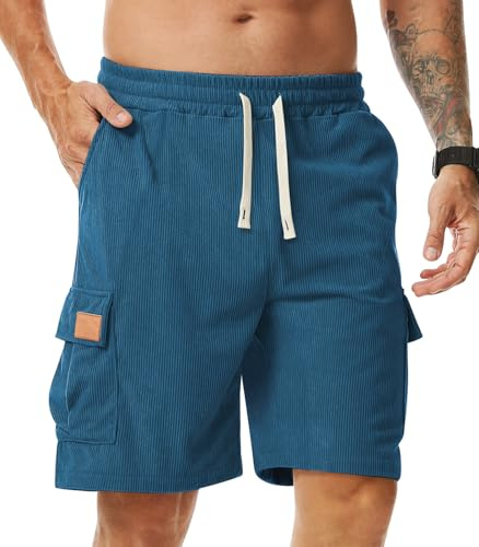 Comilaka Shorts och bermudashorts för män, lediga korta manchestershorts med joggingfickor, sommarlöpning, Färg: blå, XL