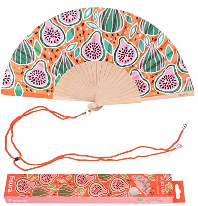 fisura. – Éventail en bois orné d’un imprimé hortensias. Accessoire coloré et raffiné, ventilateur de poche rose avec attache incluse. Taille : 42,5 x 23 cm