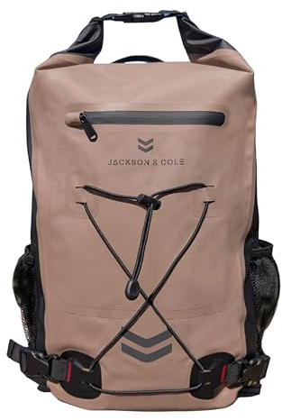 Jackson & Cole Waterproof Backpack - 25L Dry Bag Backpack - Rolltop, Welded Seams, Reflective, Elastic Webbing for Watersports, Motorcycling, Camping, Kayaking, Hiking, Boating, Fishing (Sandstone)