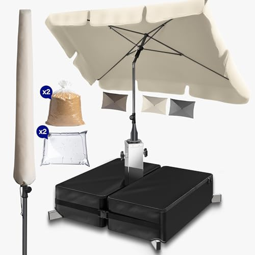 Menz 3-IN-1 Sonnenschutz Balkon Set - Sonnenschirm rechteckig 200 x 125 cm + Sonnenschirmständer + Schirmhülle - Sonnenschirm Balkon mit Ständer, Balkonschirm, knickbar höhenverstellbar, Beige