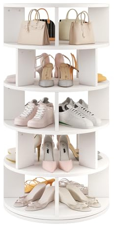 IBUYKE Scarpiera Rotante a 5 Ripiani, Scarpiera Girevole a 360° per 20 Paia di Scarpe, Organizer Verticale Rotondo per Scarpe e Borse per Armadio Ingresso Soggiorno Camera da Letto, Bianco WSR005W