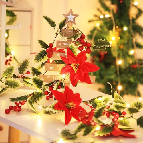 Fielegen Weihnachtsgirlande mit 40 LEDs, 2 m, beleuchteter Weihnachtsstern, rote Beere, Stechpalmenblätter, Girlande mit Timer, Weihnachtsdekoration, Lichter für den Innenbereich, Winter, Kamin