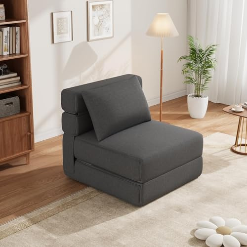 Litake Bodensessel 2-in-1 Klappbett mit Zierkissen Schlafsessel Mit Bettfunktion 3-Teilige Schaumstoff Faltmatratze Klappbar Sitzblock Mit Lendenkissen Klappsofa für Wohnzimmer & Schlafzimmer