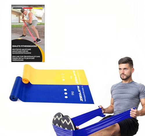 zenlete Fitnessbänder 2er Set Gelb Blau 2,5 m lang – Widerstandsbänder Muskelaufbau, Yoga, Pilates, Original Fitness-Band Gymnastikband, extra langes Trainingsband