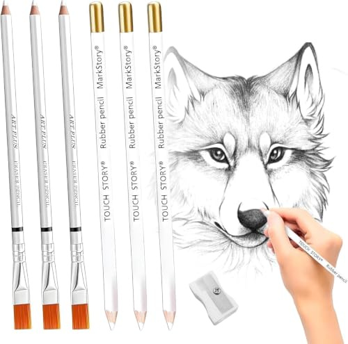 Wjelet 7PCS White Pencil Eraser with Brush Sketch Precision Eraser Pencils Pencil Rubber with Brush for Sketches Sketch Set for Artists in Charcoal Drawings Sketching Drawing Detail Revise