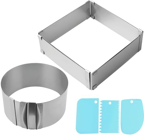 yeeplant Stampi per torte regolabili, 2 pezzi 6-12 anelli in acciaio inox, rotondi e quadrati con 3 raschietti e bilance per cottura