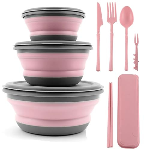YAOBVIS Collapsible Bowl, 3 Pcs Food Grade Silicone Camping Bowl, Expandable Salad Bowl Lunch Box with Lid & Tableware for Travel and Picnic (Pink)