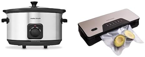 Morphy Richards Slow Cooker 6.5L + Cordless Vacuum Sealer | Ceramic Pot, 3 Settings, Easy Clean | Compact Sealer with 5 Modes, USB Charging, Built-in Cutter | Silver & Brushed Steel | 461013 & 43204