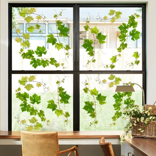 Supzone Fensterbilder Selbstklebend Groß Grüne Blätter Fensteraufkleber Sommer Frühling Weinrebe Fenstersticker Anti-Kollision Vögel Fensterfolie Glastüren Fensterdeko