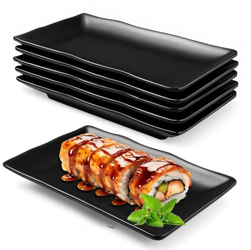 Rektangulära Tallrikar Serveringsfat 20,7x12,8x2,7cm, 6 Stycken Melaminporslinsset av Plast Desserttallrikar, Svarta Snacktallrikar för Sushi, Sallad, Tårta, Antipasti, Diskmaskinssäkra