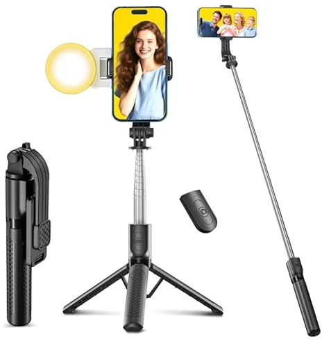 Bastone Selfie Treppiede per Telefono con luce di riempimento,125 cm Treppiede Smartphone Selfie Stick con Telecomando Staccabile e Treppiede Stabile, adatto per Samsung/Huawei/iPhone