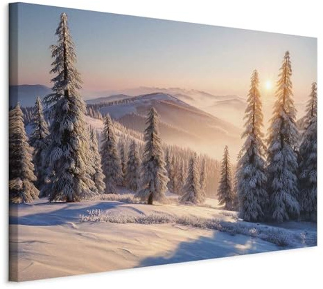decomonkey Wandbilder Winterlicher Sonnenuntergang 60 x 40 cm 1 Teilig Berg | Strukturleinwand, Holzkeilrahmen, Leinwandbilder, Bild auf Leinwand, Zimmer, Winterlandschaft, Natur, Bäume, Schnee