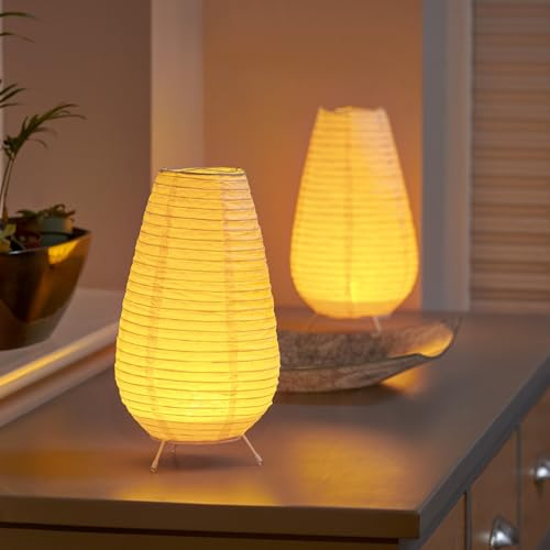 Auraglow Rice Paper LED Table Lamps – Battery Operated Cordless Lamp with Warm White 2000K Glow, Paper Shade & Wire Frame – Portable Ambient Lighting for Bedroom, Lounge & Dining Room - Tall (2 Pack)