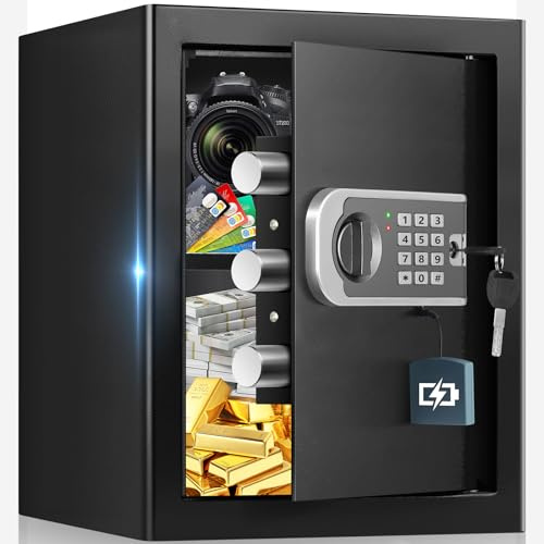 Caja fuerte grande de 45 l para el hogar, caja fuerte ignífuga con llave, sensor de luz y estante extraíble, armario de seguridad para el hogar, almacenamiento de dinero, documentos, medicamentos