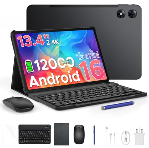 POPUX P13 Pro Tablet 13.4 Pollici, 48GB RAM+256GB ROM, 2.4K 120Hz Android Tablet 16 con Gemini AI, T7280 Octa-Core, 16MP + 8MP, 12000mAh, 5G WIFI, 4G LTE, tablet con penna, Tastiera, Case-Nero
