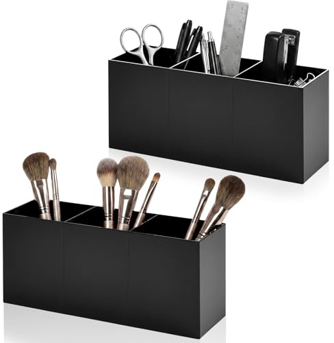 FTISSLY 2 Stk Kosmetik Pinselhalter mit 3 Fächern Makeup Pinsel Halter | Acryl Kosmetik Organizer Schwarz Schminkpinsel Aufbewahrung Klein Kosmetikpinsel Behälter Stiftehalter , Eyeliners