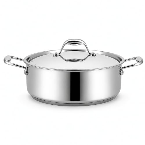 Nontoxicook 28cm 5.82L Stainless Steel Saute Pan with Steel Lid | Professional Uncoated Deep Frying Pan with 7mm Thick Base, Oven Safe to 315°C and Suitable for All Hobs Including Induction