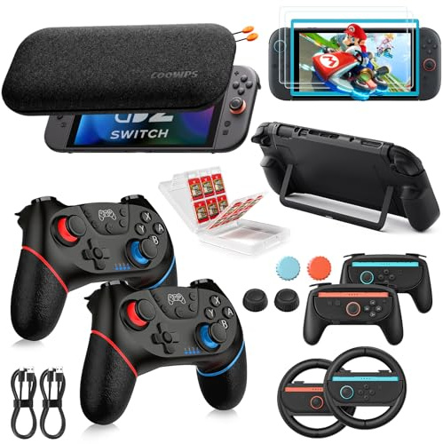 COOWPS Switch 2 Pro Controller Accessories Bundle 17-in-1 | Carrying Case, Dockable Protective Case, Joy-con Grips, Steering Wheels, Screen Protectors, Game Card Case, Thumb Grips