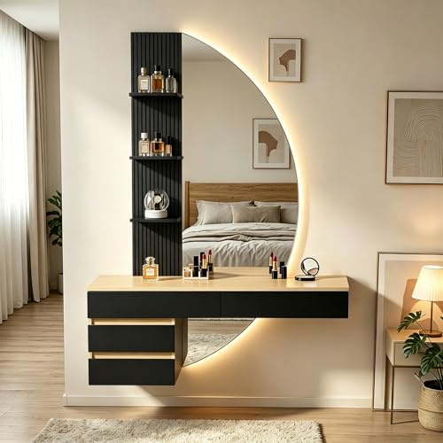 TRIUMPHKEY Tavolo da Trucco Sospeso con Luci LED e Specchio HD Dimmerabile, Moderno Comò da Camera da Letto con Ampio Spazio di Archiviazione, Toeletta Salvaspazio da Parete (Nero)