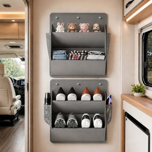 2er Set Schuhhalter für Wohnmobil & Wohnwagen, Platzsparende Schuhaufbewahrung zum Aufhängen über der Tür, Organizer mit Tiefen Taschen & Klebeband, Camping Zubehör für Schuhe & Kleinteile (Grau)