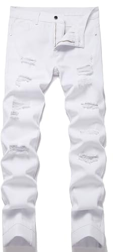 Herr Slitna Stacked Skinny Ripped Jeans Destroyed Slim Fit Raka Ben Tvättade Denimbyxor Streetwear Vita 28