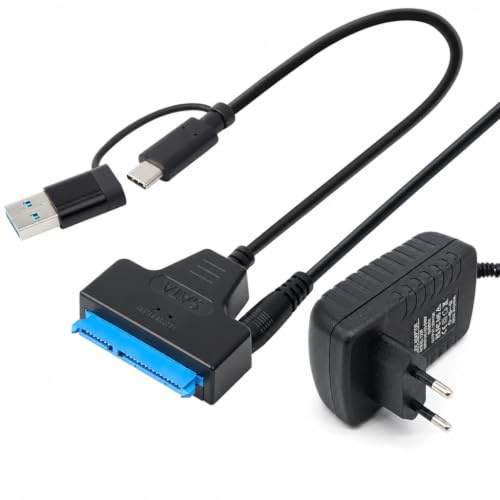 Rivvra Cavo adattatore SATA USB 3.0 con alimentazione 12 V 2 A, unità disco rigido da 2,5 ''/3,5 '' SSD HDD, SATA to USB per trasferimento, backup, accesso file, laptop, PC e desktop