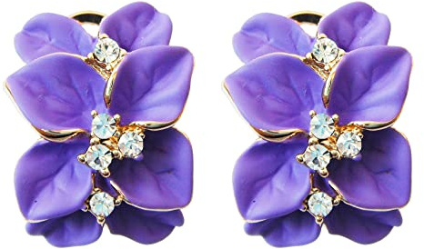 Navachi Omega Orecchini placcati in oro da 18 k, smaltati, in cristallo, a forma di fiore con foglie e 18ct base metallo placcato oro, colore: Purple, cod. HB6-2007-5