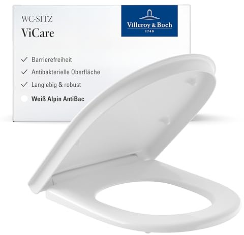 Villeroy & Boch ViCare Barrierefreier WC-Sitz AntiBac - WC-Sitz alpinweiß antibakteriell mit Duroplast - mit Edelstahl-Scharnieren - D-Design - Original Ersatzteil