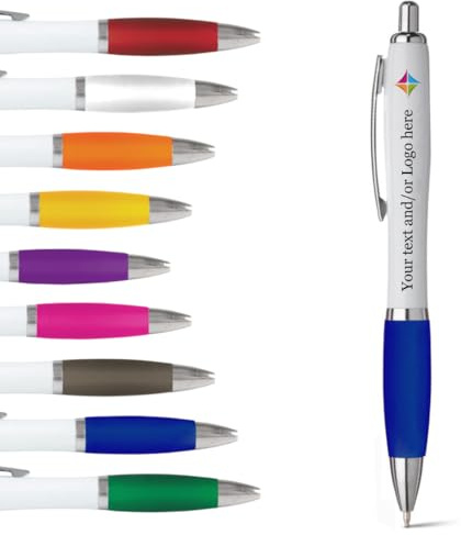 stika.co Juego de 120 bolígrafos promocionales azules, bolígrafos de goma personalizados para escuela, trabajo y eventos, colores vibrantes impresos con rayos UV, con gran espacio de marca