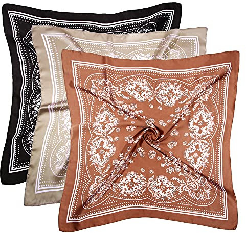 DOOBO Satin-Kopftuch, Haarschal, Seide, Bandana, Haarband, Halstuch für Damen und Mädchen, 70 cm, 3 Stück, Braun, Khaki, Schwarz, Einheitsgröße