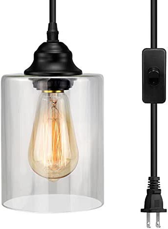 AEOREAL 1-Light Plug in Pendant Glass Hanging Light, Industrial Mini Pendant Lighting with Glass Shade, Adjustable Farmhouse Hanging Lamp with Plug in Cord, Black Pendant Lighting for Kitchen Island