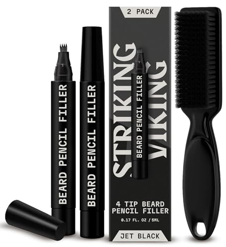 Striking Viking Beard Pen - Jet Black, 2 Pack - Temporary Beard Dye - Waterproof Sweatproof Long Wear Beard Pencil for Touchups & Gap Contouring - Enhances Facial Hair