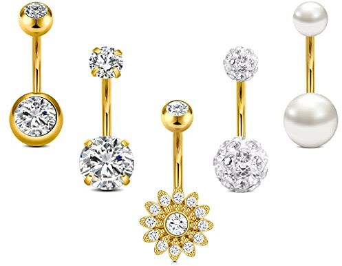 vcmart 5stk Bauchnabelpiercing 10mm Gold Chirurgenstahl 14G Bauchpiercing Piercing Bauchnabel Ring Damen