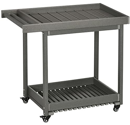 Outsunny Servierwagen, Barbecue Trolley mit Handtuchhalter, Garten Rollwagen mit 2 Regalen, Outdoor Multifunktionstisch mit Rollen, für Garten, Balkon, 87 x 50 x 80cm