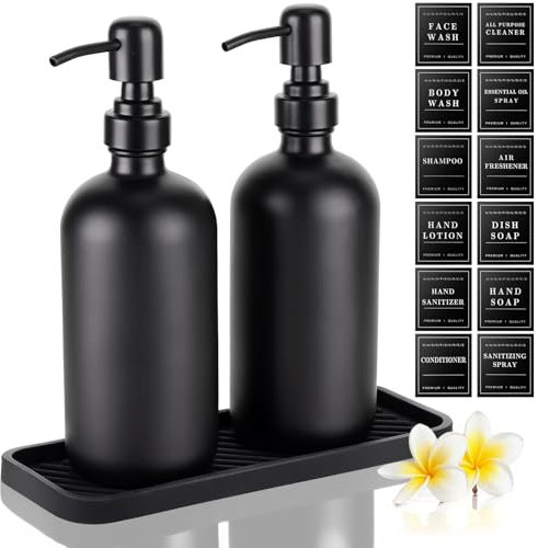NiHome 2er-Set 500ml Glas Seifenspender mit robuster Metallpumpe – Nachfüllbarer Schaumspender für Handseife, Spülmittel, Shampoo, Silikon-Ablaufschale & 12 Etiketten, Perfekt für Bad und Küche