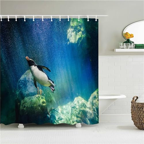 Guofuos Duschvorhang Unterwasserpinguin 180x90cm Duschvorhäng Anti Schimmel,Wasserabweisend Stoff Duschrollo Waschbar,3D Draussen Bad Vorhang Schnell Trocknend,Badewanne Badezimmer Decor Vorhänge