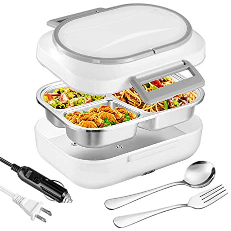 TEmkin Lunch Box Elettrico, Scaldavivande Portatile 12V 24V 110V, Scaldavivande Elettrico Portatile 2 in 1 Scaldavivande Contenitore Caldo Rimovibile in Acciaio Inossidabile 1,5 L